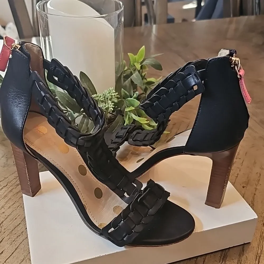 Navy T Strap Leather Woven Heel Boden Size 37